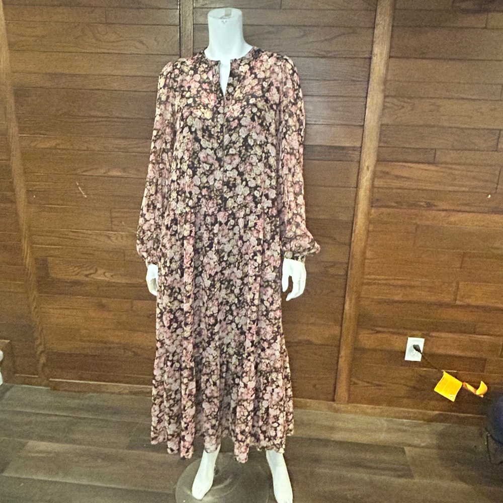 H&M Brown and Cream Tiered Sundress with Bishop Sleeves. Small